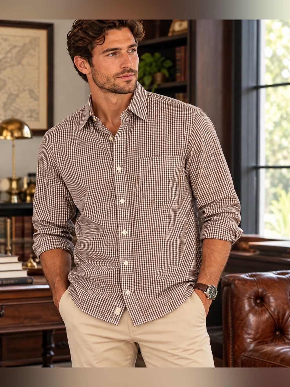 J. Crew Brown and White Gingham Button-Down Shirt